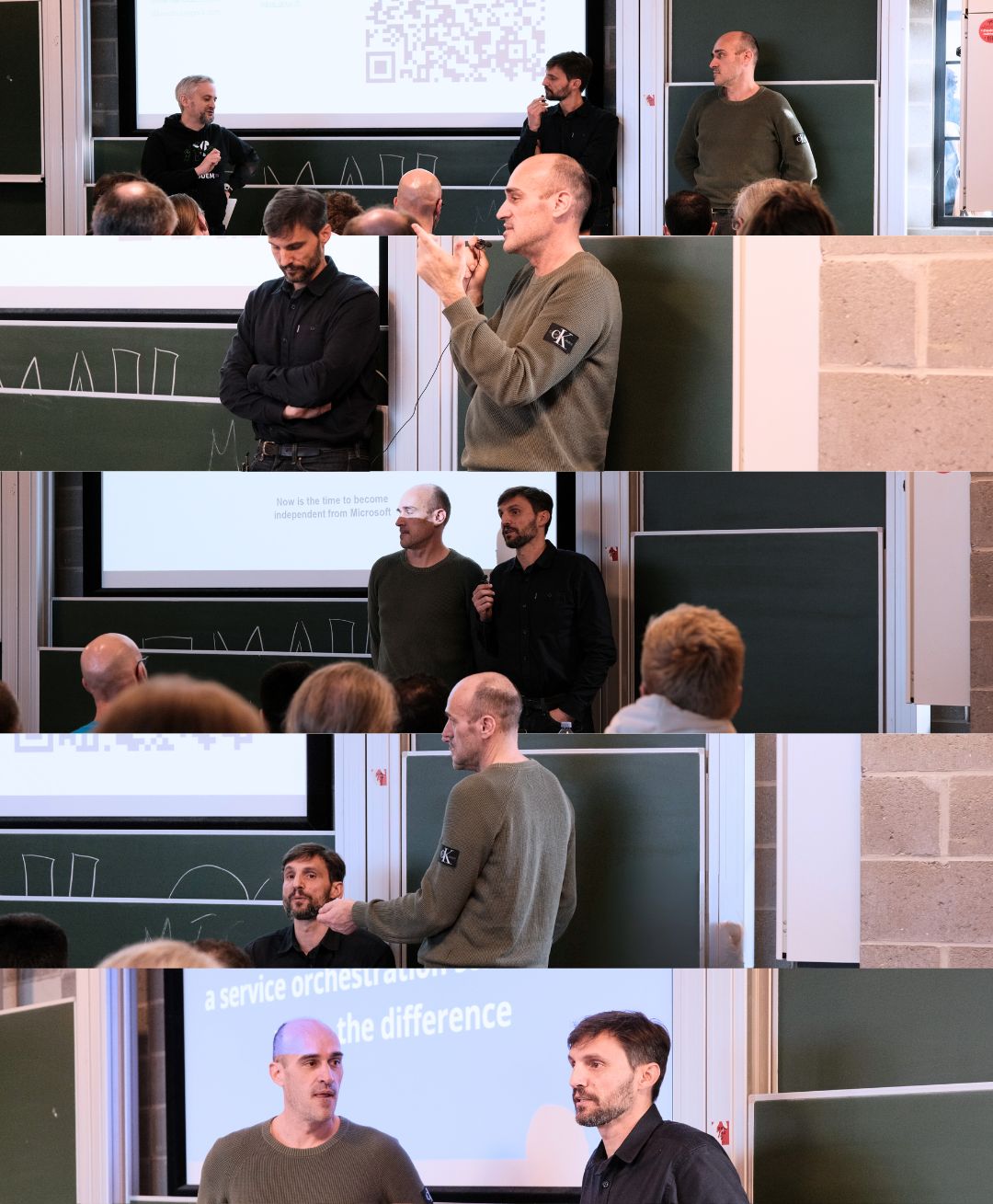 Benjamin Andre and Samuel Paccoud presenting Open Buro at FOSDEM 2025 in Brussels - photo montage showing the speakers, audience, and presentation slides